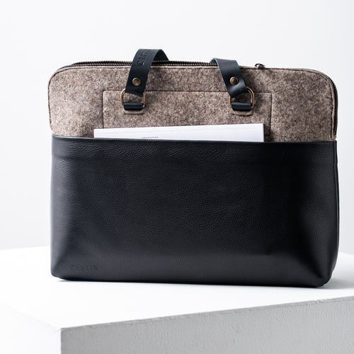 LARGE FELT AND BLACK LEATHER BAG - ELISABETH