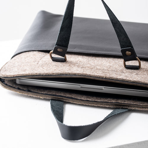 LARGE FELT AND BLACK LEATHER BAG - ELISABETH