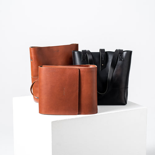 BLACK LEATHER TOTE BAG - MADO