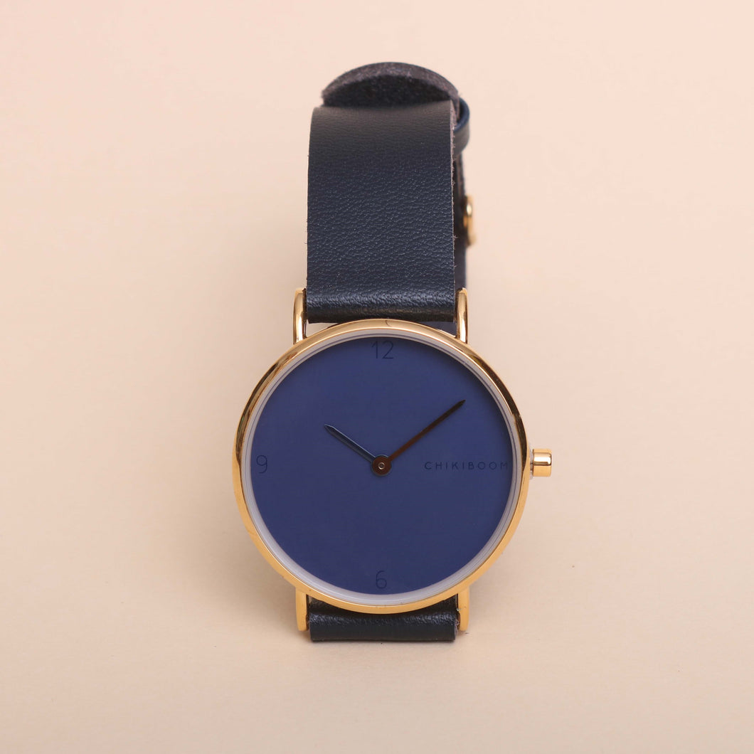 SIMPLE LEATHER WATCH - GOLD AND NAVY