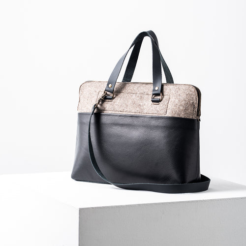 LARGE FELT AND BLACK LEATHER BAG - ELISABETH