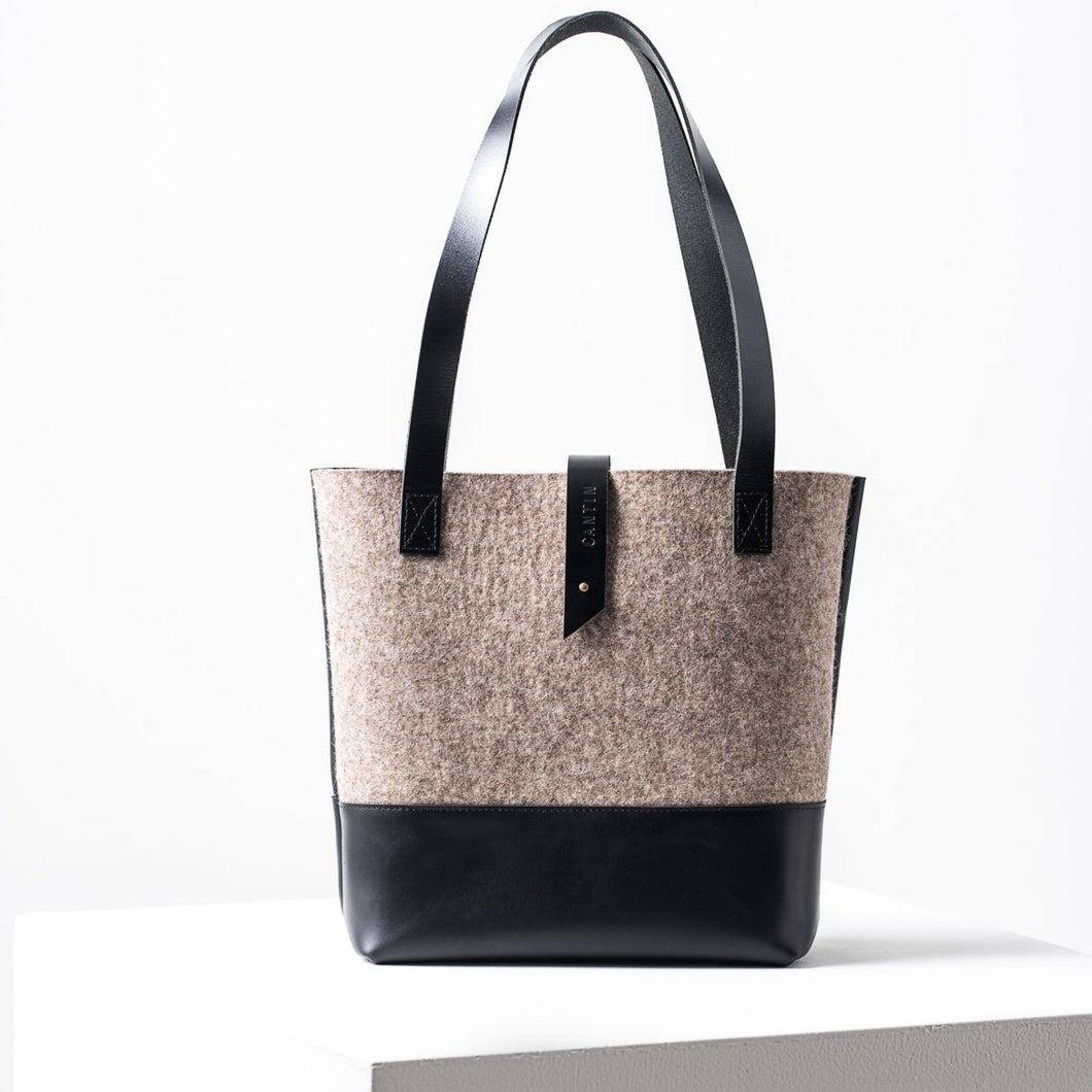 SAC FOURRE-TOUT EN FEUTRE ET EN CUIR NOIR - MADO